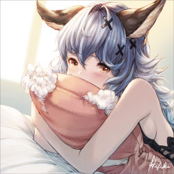 Rule 34 | 1girl, animal ears, backless outfit, bare legs, bare shoulders, black dress, blue hair, blurry, blush, breasts, commentary, commission, depth of field, dress, earrings, erune, eyelashes, ferry (granblue fantasy), granblue fantasy, hair between eyes, hair intakes, hair ornament, hoop earrings, indoors, ivris, jewelry, long hair, looking at viewer, lying, hugging object, on bed, on stomach, pillow, pillow hug, rabbit ears, sideboob, sidelighting, single earring, small breasts, solo, upper body, wavy hair, x hair ornament, yellow eyes