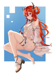 Rule 34 | 1girl, absurdres, arknights, bare legs, bare shoulders, barefoot, bikini, bingmang, breasts, chinese commentary, commentary request, detached sleeves, feet, hair between eyes, hair ornament, hair rings, highres, horns, long hair, long sleeves, looking at viewer, nail polish, purple eyes, red hair, sandals, single sandal, sitting, small breasts, solo, star (symbol), star hair ornament, stomach, surtr (arknights), surtr (colorful wonderland) (arknights), swimsuit, thigh strap, thighs, toes, very long hair