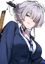 1girl blue_cardigan blue_necktie breasts cardigan closed_mouth collared_shirt grey_eyes grey_hair hair_ornament hair_stick highres itokonoue_kaoru katana large_breasts looking_at_viewer necktie parted_bangs project_kv shigure_s shirt simple_background smile solo sword upper_body weapon weapon_behind_back white_background white_shirt