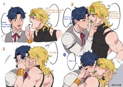 Rule 34 | 2boys, absurdres, black leotard, black nails, blonde hair, blue eyes, blue hair, blush, closed eyes, commentary, dio brando, english text, fangs, green lips, hand on another&#039;s cheek, hand on another&#039;s face, headband, heart, highres, honlo, jojo no kimyou na bouken, jonathan joestar, kiss, leotard, lipstick, long hair, long sleeves, looking at another, makeup, male focus, multiple boys, open mouth, red eyes, shirt, short hair, speech bubble, stardust crusaders, teeth, vampire, vest, white shirt, yaoi