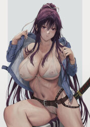 1girl bare_shoulders belt belt_buckle bikini black_hair blush breasts buckle cameltoe cleavage commentary_request covered_erect_nipples denim denim_jacket front-tie_bikini_top front-tie_top grey_background hair_ribbon highleg highleg_bikini highres jacket jeneral kanzaki_kaori katana large_breasts long_hair looking_at_viewer navel open_clothes open_jacket paid_reward_available parted_lips ponytail purple_eyes ribbon sheath sheathed side-tie_bikini_bottom simple_background solo swimsuit sword thighs toaru_majutsu_no_index very_long_hair weapon wet white_bikini white_ribbon