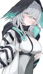 Rule 34 | 1girl, absurdres, arknights, blue eyes, blush, breast hold, breasts, closed mouth, fang, fang out, fingerless gloves, gloves, grey hair, hair between eyes, half-closed eyes, head wings, highres, ho&#039;olheyak (arknights), hood, hood down, large breasts, long sleeves, looking at viewer, medium hair, nui (nuinui0300), simple background, skin fang, solo, sweat, upper body, white background, wings