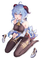 Rule 34 | 1girl, absurdres, ahoge, bare shoulders, bell, blue hair, breasts, brown leotard, brown pantyhose, cleavage, covered erect nipples, cowbell, cum, cum in mouth, cum on hands, cupping hands, detached collar, detached sleeves, ganyu (genshin impact), genshin impact, goat horns, highres, hokori sakuni, horns, large breasts, leotard, long hair, long sleeves, looking at viewer, low ponytail, neck bell, open mouth, own hands together, pantyhose, purple eyes, shoes, unworn shoes, simple background, sitting, solo, suggestive fluid, tongue, wariza, white background