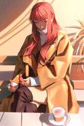 Rule 34 | absurdres, bird, bird on hand, boots, brown coat, chainsaw man, coat, coffee cup, crossed legs, cup, disposable cup, highres, knee boots, kozzz y, light smile, long hair, looking at another, makima (chainsaw man), plant, red hair, ringed eyes, shadow, sidelocks, sitting, sweater, table, thighhighs, white sweater, yellow eyes, zettai ryouiki