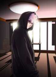 Rule 34 | 1boy, black sweater, brown eyes, closed mouth, dr. frost, frost (dr. frost), long hair, looking at viewer, looking back, serious, solo, sweater, webtoon, white hair, window