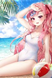 Rule 34 | 1girl, absurdres, ball, beach, beachball, blue sky, braid, breasts, casual one-piece swimsuit, cloud, collarbone, commission, covered navel, day, girls&#039; frontline, hair ornament, hairclip, hand on own head, hexagram, highres, island, long hair, medium breasts, menna (0012), negev (girls&#039; frontline), one-piece swimsuit, one side up, outdoors, palm leaf, pink hair, pixiv commission, red eyes, side braid, sitting, sky, solo, star of david, swimsuit, thighs, white one-piece swimsuit