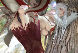 Rule 34 | 1girl, animal ears, animal hands, ass, bent over, bikini, black panties, blurry, blurry background, breasts, chimera, dragon tail, horns, insect wings, large breasts, long hair, looking at viewer, monster girl, moth wings, original, panties, red eyes, solo, swimsuit, tail, tattoo, teemu taiga, underboob, underwear, white hair, wings