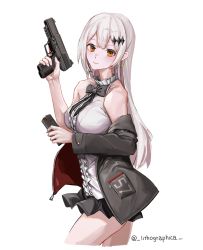 Rule 34 | 1girl, absurdres, alternate hairstyle, breasts, five-seven (girls&#039; frontline), fn five-seven, frilled shirt, frills, girls&#039; frontline, gun, hair down, handgun, highres, lithographica, long hair, medium breasts, orange eyes, pdw-caliber pistol, shirt, sleeveless, sleeveless shirt, solo, very long hair, weapon, white hair