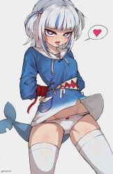 Rule 34 | 1girl, absurdres, animal hood, arms behind back, blue eyes, blue hair, blue hoodie, blunt bangs, bound, bound wrists, cameltoe, commentary request, cowboy shot, drooling, fins, fish tail, gawr gura, gawr gura (1st costume), grey hair, groin, hair ornament, heart, highres, hololive, hololive english, hood, hoodie, iver (reviolet), korean commentary, long hair, long sleeves, looking at viewer, multicolored hair, open mouth, panties, panty pull, petite, saliva, shark girl, shark hair ornament, shark hood, shark tail, skindentation, solo, spoken heart, streaked hair, tail, thighhighs, tongue, tongue out, two side up, underwear, virtual youtuber, white panties, white thighhighs