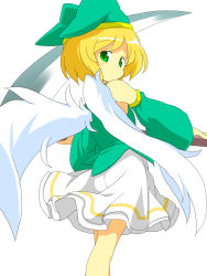 Rule 34 | 1boy, androgynous, angel wings, arched back, ass, bare legs, bare shoulders, blonde hair, bob cut, closed mouth, cowboy shot, crossdressing, detached sleeves, elona, eyebrows, feathered wings, feathers, from behind, green eyes, green hat, green shirt, hat, highres, holding, holding scythe, holding weapon, jester cap, kumiromi of harvest, long sleeves, looking at viewer, looking back, male focus, miniskirt, mutsu (hasepix), scythe, shirt, short hair, simple background, single vertical stripe, skirt, sleeveless, sleeveless shirt, solo, standing, tareme, weapon, white background, white skirt, white wings, wings