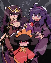 Rule 34 | 3girls, @ @, ahoge, ashley (warioware), black eyes, black hair, bodystocking, book, breasts, bridal gauntlets, cape, circlet, cleavage, company connection, creatures (company), crossover, dress, female focus, fingernails, fire emblem, fire emblem awakening, game freak, goth fashion, hairband, hex maniac (pokemon), highres, large breasts, long dress, looking at viewer, matching hair/eyes, messy hair, multiple crossover, multiple girls, nintendo, open mouth, poke ball, poke ball (basic), pokemon, pokemon xy, purple eyes, purple hair, purple hairband, rariatto (ganguri), red dress, red eyes, serious, sharp fingernails, skin tight, small breasts, smile, tharja (fire emblem), tiara, trait connection, twintails, warioware