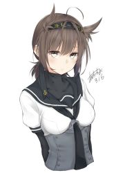 Rule 34 | 10s, 1girl, ahoge, anchor symbol, aoi rin (miya1102), arms behind back, bodysuit, breasts, brown hair, corset, dated, expressionless, hatsuzuki (kancolle), headband, jitome, kantai collection, looking at viewer, medium breasts, school uniform, short hair, simple background, solo, upper body, white background, yellow eyes