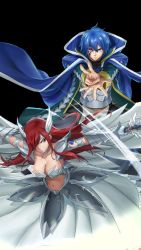 Rule 34 | 1boy, 1girl, arm tattoo, armor, blue cape, blue hair, breasts, brown eyes, cape, cleavage, collarbone, erza scarlet, facial tattoo, fairy tail, hair over one eye, highres, jellal fernandes, large breasts, long hair, navel, red hair, revealing clothes, short hair, shoulder tattoo, skirt, tagme, tattoo, arm tattoo