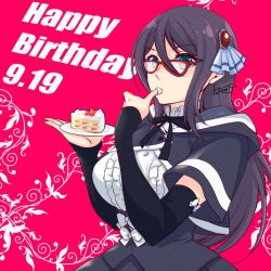 Rule 34 | 1girl, artist name, assault lily, black hair, black ribbon, black skirt, blue eyes, blue ribbon, bow, breasts, buttons, cake, cake slice, center frills, commentary, covered mouth, cropped jacket, dated, detached sleeves, eating, floral background, food, food in mouth, frilled shirt, frilled shirt collar, frills, fruit, glasses, gradient background, hair between eyes, hair ornament, hair ribbon, hands up, happy birthday, holding, holding plate, hood, hood down, large breasts, long hair, long sleeves, looking at viewer, mashima moyu, neck ribbon, plate, red-framed eyewear, red background, ribbon, school uniform, shirt, short sleeves, sidelocks, skirt, sleeve bow, sleeves past wrists, solo, standing, strawberry, strawberry shortcake, takemiya jin, underbust, upper body, whipped cream, white bow, wide sleeves, yurigaoka girls academy school uniform