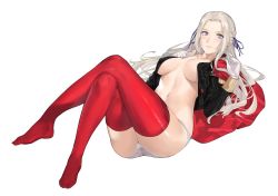 Rule 34 | 1girl, ass, breasts, edelgard von hresvelg, fire emblem, fire emblem: three houses, hair ornament, j@ck, long hair, looking at viewer, nintendo, open clothes, panties, purple eyes, red thighhighs, silver hair, simple background, solo, thighhighs, underwear, white background