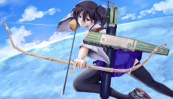 Rule 34 | 10s, 1girl, arrow (projectile), black thighhighs, bow (weapon), brown eyes, brown hair, cloud, day, drawing bow, flight deck, gloves, hiba (p-p-purin), holding, holding bow (weapon), holding weapon, japanese clothes, kaga (kancolle), kantai collection, muneate, ocean, partially fingerless gloves, partly fingerless gloves, personification, pleated skirt, quiver, short hair, side ponytail, skirt, sky, solo, sunrise, thighhighs, weapon, yugake, zettai ryouiki