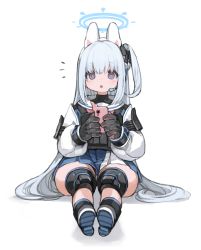 Rule 34 | 1girl, animal ears, black gloves, blue archive, blue serafuku, blue skirt, blush, bow, commentary request, elbow pads, expressionless, fake animal ears, full body, gloves, grey hair, hair bow, halo, headset, highres, holding, holding phone, kkaebing, knee pads, long hair, looking at viewer, miyako (blue archive), on floor, one side up, open mouth, phone, pink gloves, purple eyes, sailor collar, school uniform, serafuku, simple background, skirt, solo, two-tone gloves, two-tone skirt, very long hair, white background, white sailor collar, white skirt
