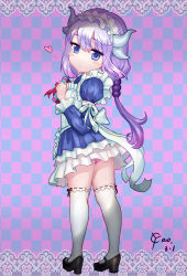Rule 34 | 10s, 1girl, absurdres, alternate costume, ass, beads, blue eyes, blunt bangs, blush stickers, caoyao, checkered background, closed mouth, dragon girl, dragon horns, dress, frilled dress, frilled sleeves, frills, from side, full body, gift, hair beads, hair ornament, half-closed eyes, heart, high heels, highres, holding, holding gift, horns, kanna kamui, kobayashi-san chi no maidragon, light purple hair, long hair, looking at viewer, low twintails, maid, maid headdress, panties, pantyshot, pink panties, puffy sleeves, ribbon, short dress, signature, solo, standing, thighhighs, twintails, underwear, white thighhighs, zettai ryouiki