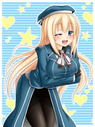 Rule 34 | 10s, 1girl, aqua eyes, atago (kancolle), black gloves, black pantyhose, blonde hair, blue hat, blush, breasts, gloves, hanazome dotera, hat, heart, kantai collection, large breasts, long hair, military, military uniform, one eye closed, open mouth, pantyhose, personification, smile, solo, star (symbol), striped, striped background, uniform, wink