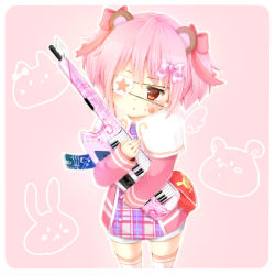 Rule 34 | 1girl, :&lt;, animal ears, assault rifle, bag, bear ears, blush, bow, cowboy shot, eyepatch, gun, hair between eyes, hair bow, head tilt, instrument, jacket, keyboard (instrument), long sleeves, looking at viewer, multicolored clothes, multicolored jacket, musical note, musical note print, nukochan, hugging object, outline, paper man, parted lips, paw print, pink background, pink bow, pink hair, pink jacket, plaid, plaid bow, plaid jacket, red eyes, rifle, short hair, short twintails, shorts, shoulder bag, simple background, sleeves past wrists, solo, standing, star (symbol), tareme, thighhighs, triangle mouth, twintails, weapon, white outline, white shorts, white thighhighs