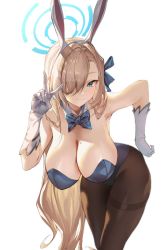 Rule 34 | animal ears, asuna (blue archive), asuna (bunny) (blue archive), black pantyhose, blue archive, blue eyes, bow, breasts, collar, gloves, hair bow, hair over one eye, hand on own hip, highres, large breasts, leotard, light brown hair, lilithmy, mole, mole on breast, pantyhose, playboy bunny, rabbit ears, see-through, see-through legwear, smile, spread fingers, thighs, v