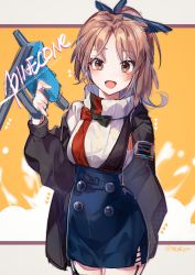 Rule 34 | 1girl, arknights, artist name, black jacket, blue skirt, bow, brown eyes, brown hair, buttons, character name, commentary, cowboy shot, eru daydream, facing viewer, feather hair, feather hair ornament, feathers, garter straps, gun, hair ornament, high-waist skirt, highres, holding, holding gun, holding weapon, jacket, legs together, looking at viewer, miniskirt, mole, mole under eye, nail gun, off shoulder, open clothes, open jacket, open mouth, pinecone (arknights), short hair, skirt, smile, solo, standing, sweater, thighhighs, turtleneck, turtleneck sweater, weapon, white sweater, zettai ryouiki