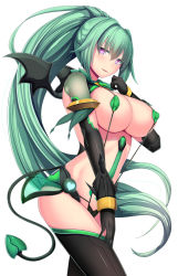 Rule 34 | 1girl, black thighhighs, blush, breasts, covered erect nipples, daiaru, dark persona, gloves, green hair, green heart (neptunia), highres, large breasts, long hair, looking at viewer, neptune (series), open mouth, ponytail, simple background, smile, solo, thighhighs, vert (neptunia), very long hair, white background, yellow eyes