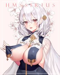Rule 34 | 1girl, andante, azur lane, bad id, bad pixiv id, bare shoulders, braid, breast curtains, breasts, character name, china dress, chinese clothes, dress, flower, grey dress, hair between eyes, hair ornament, highres, large breasts, medium hair, neckwear between breasts, pulled by self, red eyes, revealing clothes, see-through, see-through sleeves, side braid, simple background, sirius (azur lane), sirius (azure horizons) (azur lane), sleeveless, sleeveless dress, solo, two-tone leotard, white hair