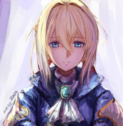 Rule 34 | 1girl, 2020, ascot, blonde hair, blue eyes, closed mouth, dated, hair between eyes, hair intakes, hair ribbon, long hair, looking at viewer, red ribbon, ribbon, sketch, smile, solo, ultramarimo, upper body, violet evergarden, violet evergarden (series), white ascot