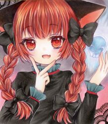 Rule 34 | 1girl, :d, animal ears, black bow, black dress, bow, braid, cat ears, commentary, dress, fang, fingernails, flat chest, frills, gradient background, grey background, hair bow, hair ribbon, hands up, kaenbyou rin, light blush, long hair, long sleeves, looking at viewer, marker (medium), open mouth, red eyes, red hair, ribbon, simple background, skin fang, smile, solo, straight-on, touhou, traditional media, tress ribbon, twin braids, upper body, v over mouth, yuuki hana (jtnp5334)