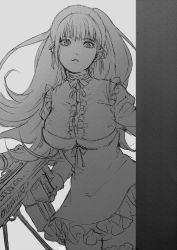 Rule 34 | andressina, destiny child, gun, hildr (destiny child), long hair, looking at viewer, maid, maid headdress, monochrome, rifle, sniper rifle, weapon