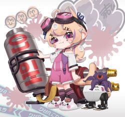 1girl :3 ahoge alheitrakzoth animal_ears animal_slippers autobomb_(splatoon) black_choker blonde_hair brown_socks cat_ears cat_girl cat_slippers cat_tail chibi chibi_only choker closed_mouth collarbone commission dot_nose extra_ears facial_mark fang fang_out full_body goggles goggles_on_head hair_ornament hairclip highres hydra_splatling_(splatoon) indie_virtual_youtuber long_hair low_twintails multicolored_hair nintendo octoling octoling_girl octoling_player_character overalls pink_eyes pink_overalls puchiman purple_hair second-party_source shirt shyrei_faolan sidelocks slippers smile socks solo splatoon_(series) streaked_hair suspenders suspenders_slip tail tentacle_hair thick_eyebrows twintails two-tone_hair virtual_youtuber watermark whisker_markings white_footwear white_shirt x_hair_ornament