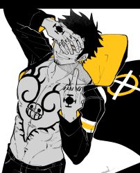 Rule 34 | 1boy, abs, bare pectorals, black hair, chest tattoo, collarbone, covering face, earrings, facial hair, goatee, hamu ha umai, highres, hood, hood down, hoodie, jewelry, long sideburns, male focus, middle finger, no shirt, one piece, open clothes, pants, partially colored, pectorals, short hair, sideburns, smile, smirk, solo, tattoo, trafalgar law, white background, yellow eyes