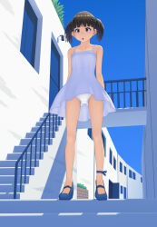 Rule 34 | 1girl, :o, arms behind back, black eyes, black hair, blue dress, blue footwear, blue sky, building, clear sky, commentary, day, dress, gluteal fold, high heels, highres, looking at viewer, maburu (lojyq1eur3e8bit), open mouth, original, outdoors, panties, shadow, short dress, short hair, sky, solo, spaghetti strap, standing, sundress, twintails, underwear, white panties, wind, wind lift