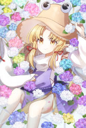 Rule 34 | 1girl, ametama (runarunaruta5656), animal print, arm up, bare legs, blonde hair, cross-laced clothes, cross-laced top, detached sleeves, eyelashes, flower, frog print, hair ribbon, hand on own stomach, hat, highres, hydrangea, long hair, long sleeves, looking at viewer, moriya suwako, parted bangs, partially immersed, partially submerged, pointy ears, purple skirt, purple vest, red ribbon, ribbon, shirt, skirt, skirt set, sleeves past wrists, smile, solo, touhou, vest, white shirt, wide sleeves