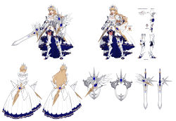 Rule 34 | 1girl, armor, blonde hair, blush, breasts, character sheet, crown, dress, fajyobore, feathered wings, frills, full body, gauntlets, greaves, highres, holding, holding shield, holding sword, holding weapon, long hair, multiple views, open mouth, original, pauldrons, shield, shoulder armor, simple background, standing, sword, teeth, tongue, upper teeth only, very long hair, weapon, white background, white dress, wings