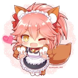 Rule 34 | &gt;;d, 1girl, ;d, animal ears, animal hands, apron, bell, cat paws, collar, commentary request, fangs, fate/grand order, fate (series), fox ears, fox tail, heart, long hair, looking at viewer, maid, maid apron, maid headdress, neck bell, one eye closed, open mouth, pink hair, ponytail, smile, solo, tail, tamamo (fate), tamamo cat (fate), tamamo cat (second ascension) (fate), tamamo no mae (fate/extra), thighhighs, twitter username, v-shaped eyebrows, white thighhighs, yellow eyes, yukiyuki 441, zettai ryouiki