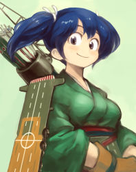 Rule 34 | 10s, 1girl, aircraft carrier, arrow (projectile), bad id, bad pixiv id, black hair, blue hair, blush, breasts, japanese clothes, kantai collection, military, military vehicle, mizuno (okn66), obi, personification, ribbon, sash, ship, short hair, skirt, smile, solo, souryuu (kancolle), twintails, warship, watercraft