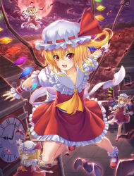 Rule 34 | 1girl, ankle socks, ascot, bat (animal), blonde hair, clock, clock tower, cloud, closed eyes, fang, fingernails, flandre scarlet, flying, forest, four of a kind (touhou), frilled skirt, frills, full moon, hat, hat ribbon, highres, kurozen, laevatein, lake, looking at viewer, mary janes, mob cap, moon, mountain, nail polish, nature, night, open mouth, outdoors, outstretched arm, outstretched arms, red eyes, red moon, ribbon, roman numeral, scarlet devil mansion, sharp fingernails, shoes, short hair, short sleeves, side ponytail, skirt, skirt set, smile, socks, solo, spread arms, touhou, tower, wings, wrist cuffs
