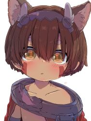 Rule 34 | 1boy, :|, absurdres, android, animal ears, bad anatomy, bare shoulders, blush, brown eyes, brown hair, cape, cat ears, closed mouth, collar, collarbone, commentary request, damaged, facial mark, facial tattoo, hair between eyes, highres, looking at viewer, made in abyss, male focus, mechanical arms, metal collar, metal hairband, neck, nipples, pointy ears, portrait, red cape, regu (made in abyss), robot, sekaineko 001, simple background, slit pupils, solo, standing, tattoo, topless male, white background