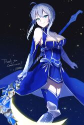 Rule 34 | 1girl, absurdres, ahoge, alternate costume, armored boots, artoria pendragon (fate), artoria pendragon (lancer) (fate), artoria pendragon (lancer) (fate) (cosplay), bare shoulders, blue dress, blue sleeves, boots, breasts, cleavage, closed mouth, commission, cosplay, detached sleeves, dress, fate/grand order, fate (series), gauntlets, gray (fate), green eyes, grey hair, hair between eyes, highres, holding, holding scythe, holding weapon, large breasts, looking at viewer, lord el-melloi ii case files, mixed-language commentary, omame korokor, scythe, short hair, sidelocks, smile, weapon