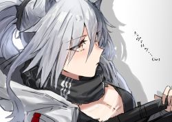 Rule 34 | absurdres, animal ears, arknights, black scarf, black sports bra, breasts, cat ears, character name, cleavage, commentary request, from side, highres, holding, holding weapon, horn/wood, jacket, large breasts, ponytail, profile, scarf, schwarz (arknights), shadow, simple background, solo, sports bra, translation request, weapon, white background, white jacket