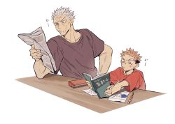 Rule 34 | 2boys, aged down, book, brown eyes, brown shirt, child, closed mouth, commentary request, eraser, frown, grandfather and grandson, grey hair, highres, holding, holding book, holding newspaper, itadori wasuke, itadori yuuji, jujutsu kaisen, male focus, multiple boys, newspaper, old, old man, paper, pencil case, pink hair, red shirt, shirt, short hair, short sleeves, sikkarisitee, simple background, spiked hair, table, undercut, upper body, white background