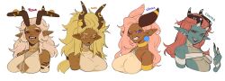 Rule 34 | 4girls, :o, absurdres, alta (porqueloin), aqua eyes, bandeau, bare shoulders, big hair, black nails, blonde hair, blue eyes, blush, braid, breasts, brown horns, button gap, chain, character name, clenched teeth, colored skin, contra (porqueloin), dark-skinned female, dark skin, ear piercing, earrings, eye injury, fangs, fingernails, gold chain, gold collar, green scales, green skin, grimace, grin, heterochromia, highres, horn ornament, horns, jewelry, large breasts, long fingernails, long hair, low-tied long hair, medium hair, middle finger, missing eye, multiple girls, o-ring bandeau, open mouth, orange eyes, original, piercing, pink hair, pointy ears, porqueloin, red eyes, red hair, red lips, scales, scar, scar across eye, scar on face, sharp fingernails, sharp teeth, shirt, side braid, simple background, small breasts, smile, sopra (porqueloin), sports bra, teeth, tena (porqueloin), tongue, upper body, white background, white bandeau, white hair, white shirt, white sports bra