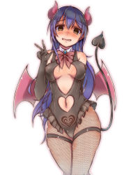 Rule 34 | 10s, 1girl, absurdres, anchan, arm behind back, black gloves, black leotard, blue hair, blush, bow, bowtie, breasts, brown eyes, clothing cutout, commentary request, covered erect nipples, demon girl, demon horns, demon tail, demon wings, elbow gloves, embarrassed, fishnet pantyhose, fishnets, frills, gloves, hair between eyes, highres, horns, legs together, leotard, long hair, looking at viewer, love live!, love live! school idol festival, love live! school idol project, medium breasts, navel, navel cutout, open mouth, pantyhose, pubic tattoo, red bow, red bowtie, simple background, solo, sonoda umi, tail, tattoo, tears, thighlet, w, white background, wings