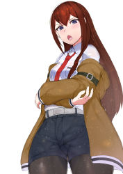 Rule 34 | 1girl, arm strap, bad id, bad pixiv id, belt, black pantyhose, black shorts, blue eyes, blush, breasts, collared shirt, cowboy shot, crossed arms, hair between eyes, highres, jacket, long hair, long sleeves, looking at viewer, makise kurisu, medium breasts, necktie, off shoulder, open mouth, pantyhose, red hair, red necktie, shirt, short shorts, shorts, sikijou77o, simple background, solo, steins;gate, thigh gap, white background, white shirt