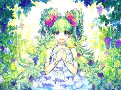 Rule 34 | 1girl, blush, collarbone, dress, flower, food, food-themed hair ornament, fruit, grape hair ornament, grapes, green hair, hair flower, hair ornament, hands on own chest, hayanse, long hair, looking at viewer, original, parted lips, purple eyes, signature, smile, solo, twintails, white dress