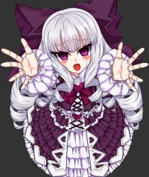Rule 34 | 1girl, doll, doll girl, doll joints, dress, female focus, foreshortening, hair ribbon, joints, living doll (monster girl encyclopedia), lolita fashion, long hair, looking at viewer, monster girl, monster girl encyclopedia, open mouth, outstretched arms, purple eyes, ribbon, solo, white hair