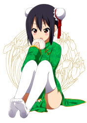 Rule 34 | 1girl, baozi, black hair, blush, brown eyes, bun cover, china dress, chinese clothes, double bun, dress, eyebrows hidden by hair, feet, feet together, food, hair bun, k-on!, nakano azusa, no shoes, official style, open mouth, quipao, ragho no erika, simple background, soles, solo, thighhighs, toes, white background, white thighhighs