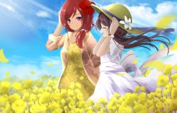 Rule 34 | 2girls, alternate hairstyle, black hair, blue sky, blush, day, dress, closed eyes, field, flower, flower field, hair flower, hair ornament, hat, highres, jacket, jewelry, long hair, looking at another, love live!, love live! school idol project, low ponytail, multiple girls, necklace, nishikino maki, open mouth, orein, purple eyes, red hair, sky, smile, sundress, twintails, white dress, yazawa nico, yellow dress